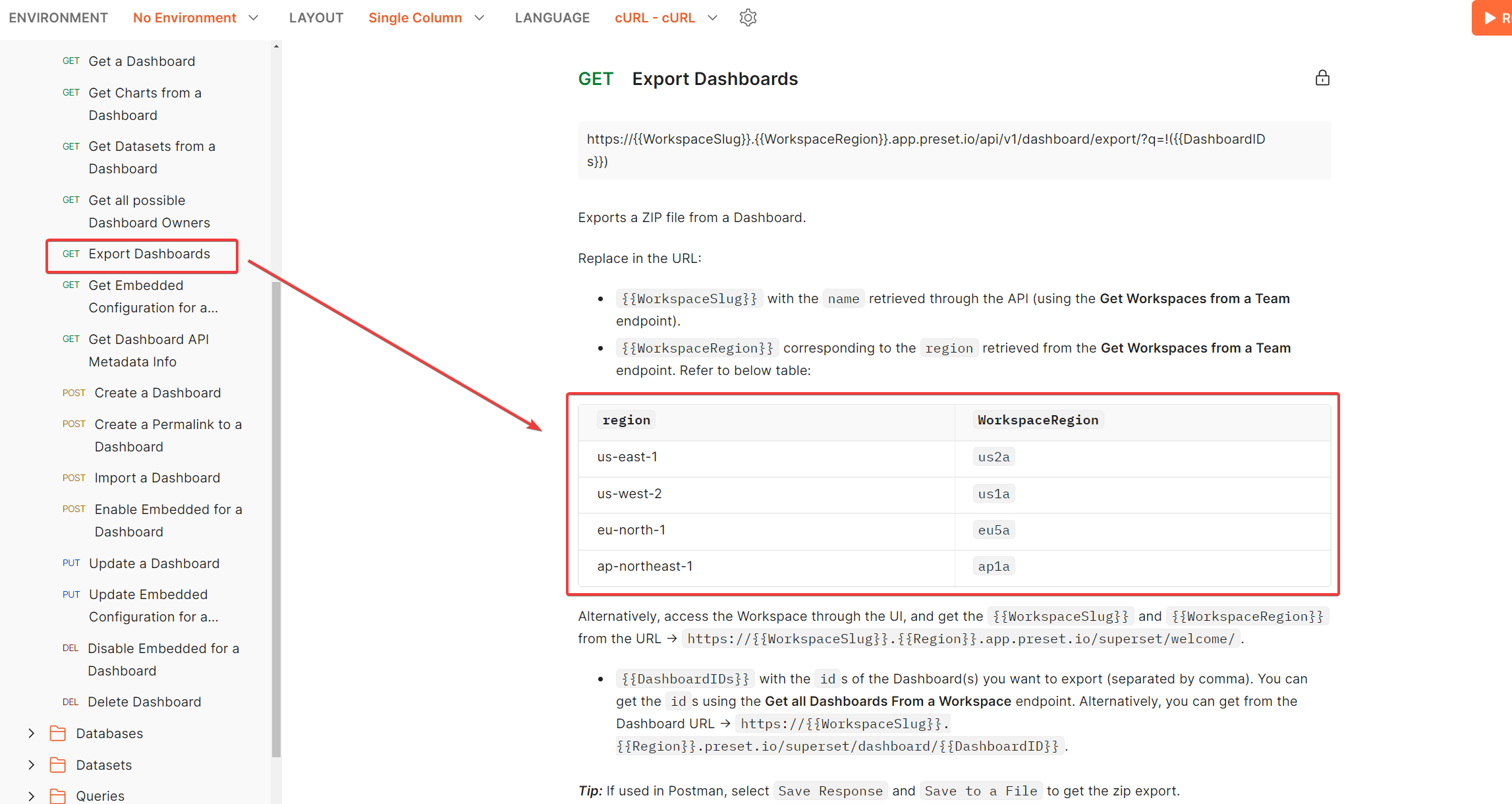 Export Dashboards Docs