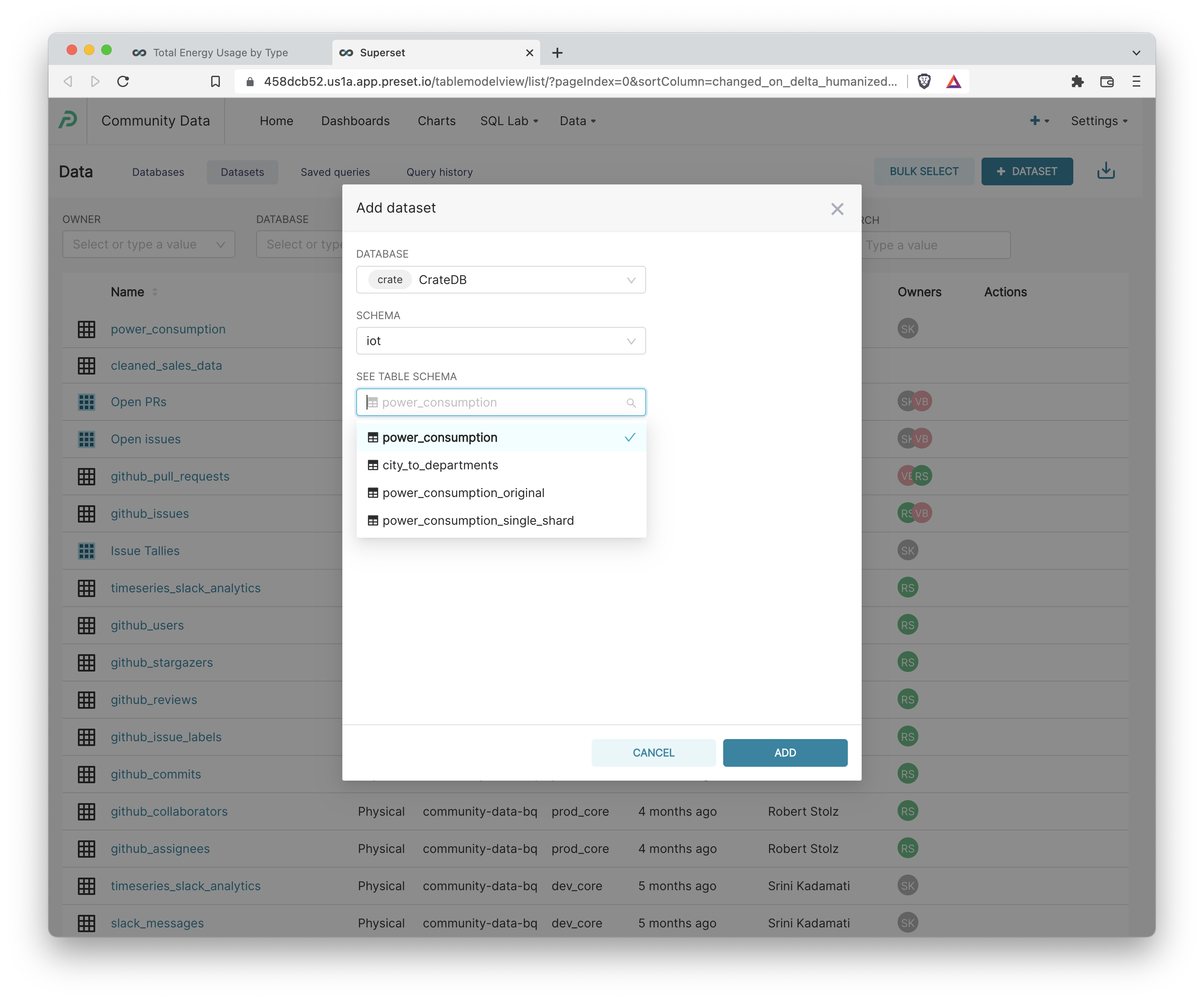 Add Dataset in Superset