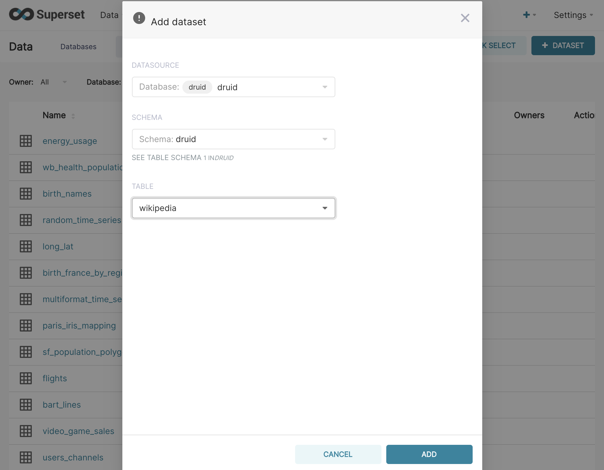 superset add dataset