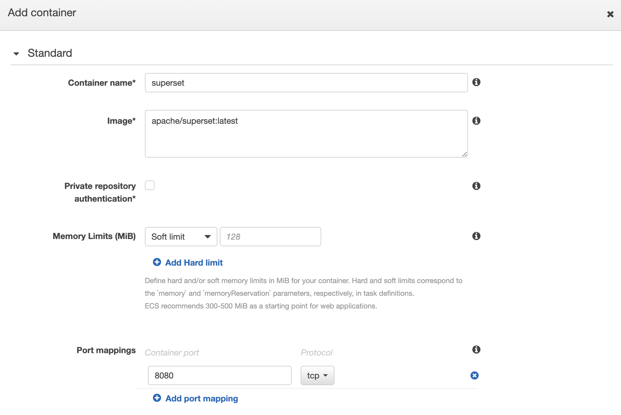Task definition: container