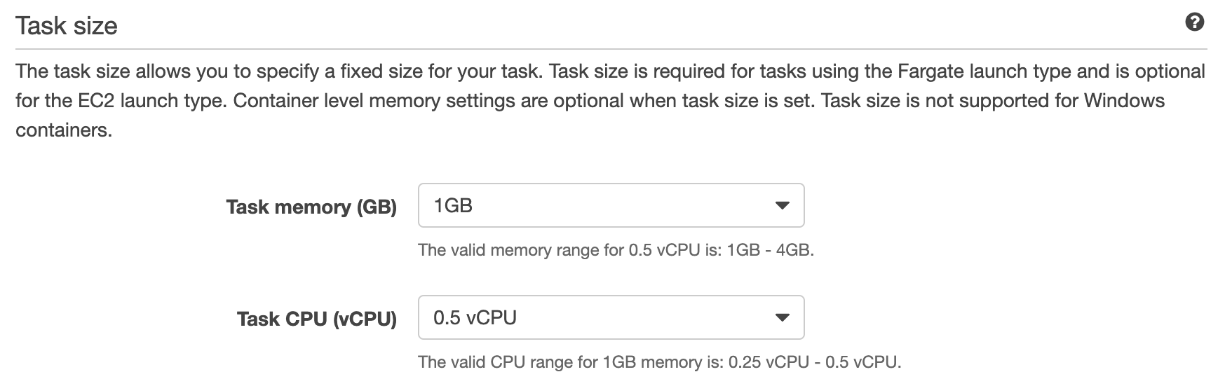 Task definition: container