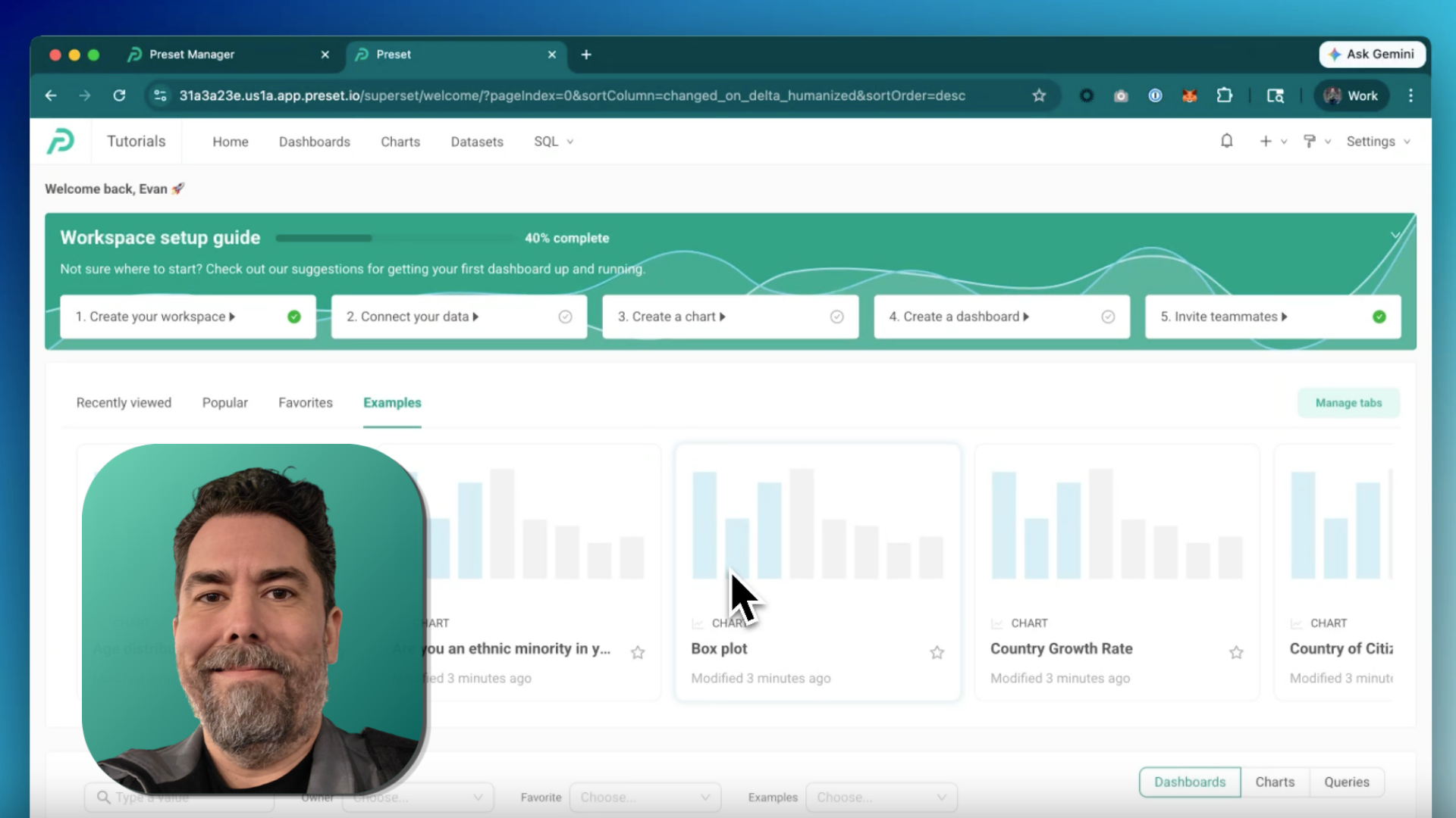 Preset workspace showing the database connection setup screen