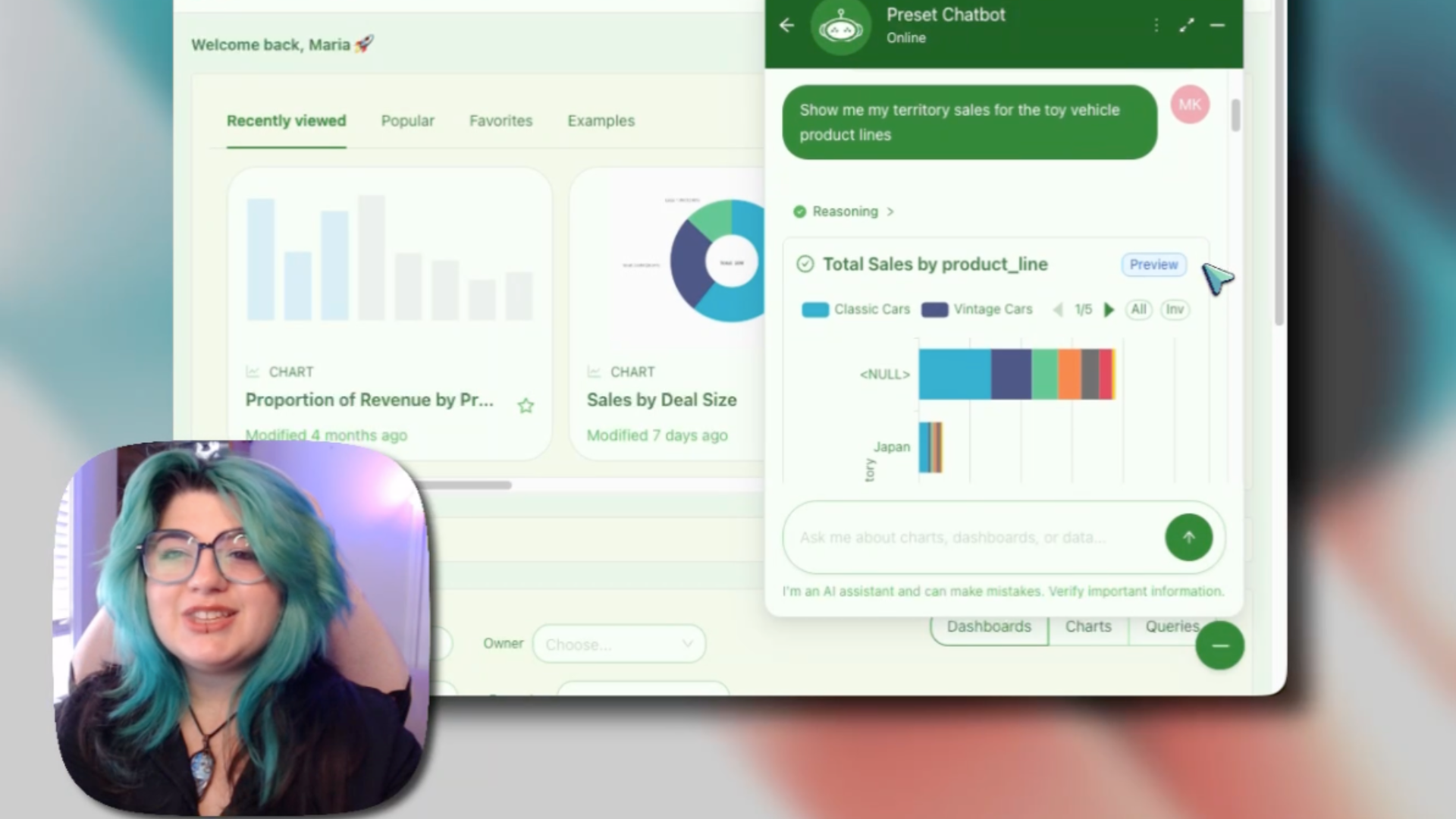 Preset Chatbot returning a bar chart of total sales by product line from a natural-language prompt