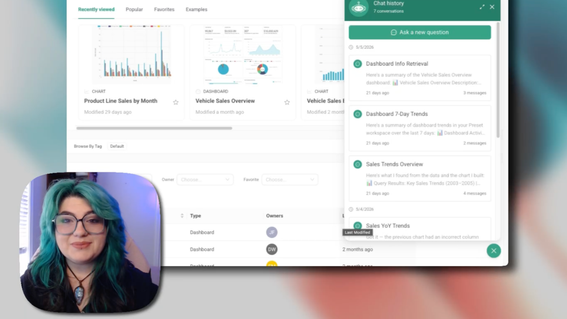 Preset workspace with the Chatbot panel open showing chat history